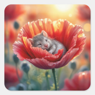 Mouse Sleeping In a Red Poppy Flower Square Sticker