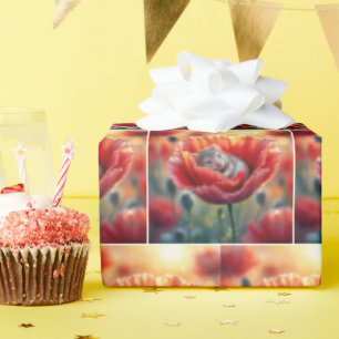 Mouse Sleeping In a Red Poppy Flower Wrapping Paper
