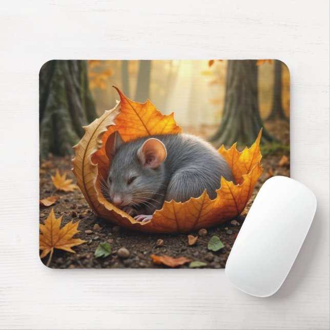 Mouse Sleeping In an Autumn Leaf Mat (With Mouse)