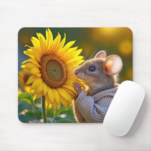 Mouse Smelling a Sunflower Mouse Mat (With Mouse)