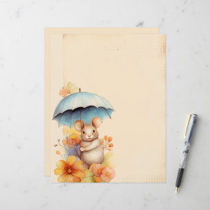 Mouse stained paper blue umbrella orange flowers