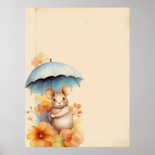 Mouse stained paper blue umbrella orange flowers poster