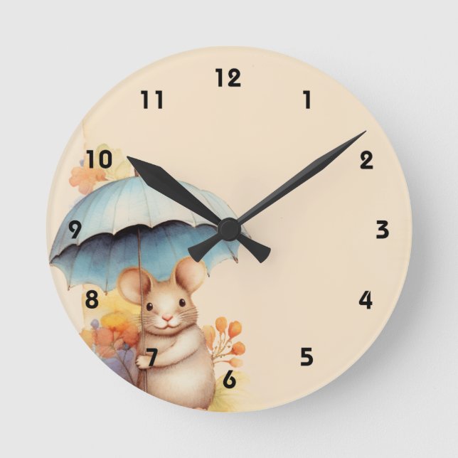 Mouse stained paper blue umbrella orange flowers round clock (Front)