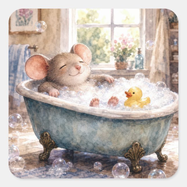 Mouse Taking a Bubble Bath Square Sticker (Front)
