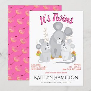 Mouse Twins Girl Mother Baby Shower Woodland Mouse Invitation