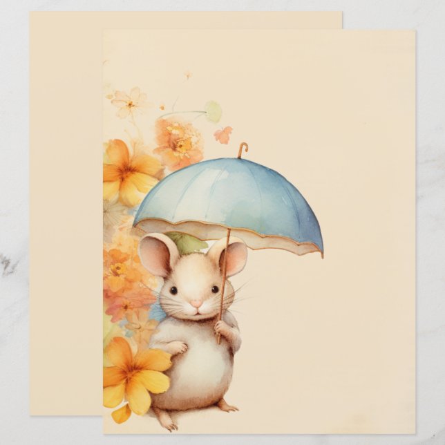 Mouse Umbrella orange flowers vintage brown paper (Front/Back)