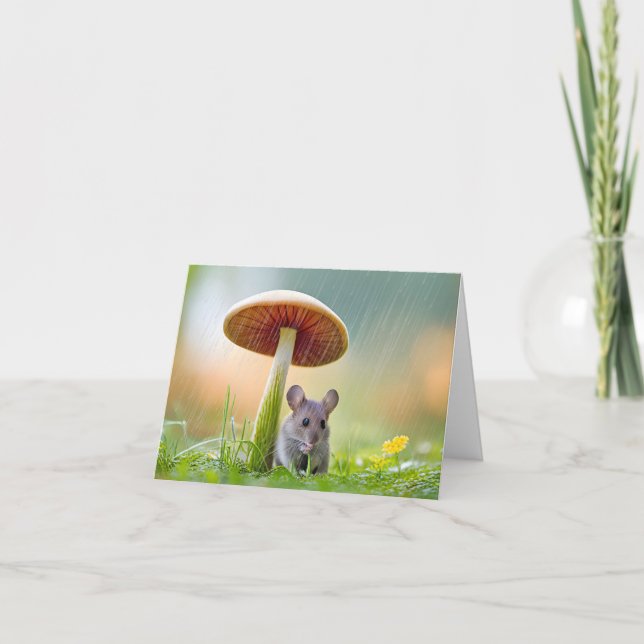 Mouse Under a Mushroom In Rain Note Card (Front)