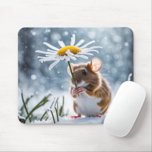Mouse Under a White Daisy In Snow Mouse Mat