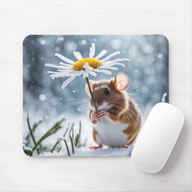 Mouse Under a White Daisy In Snow Mouse Mat (With Mouse)