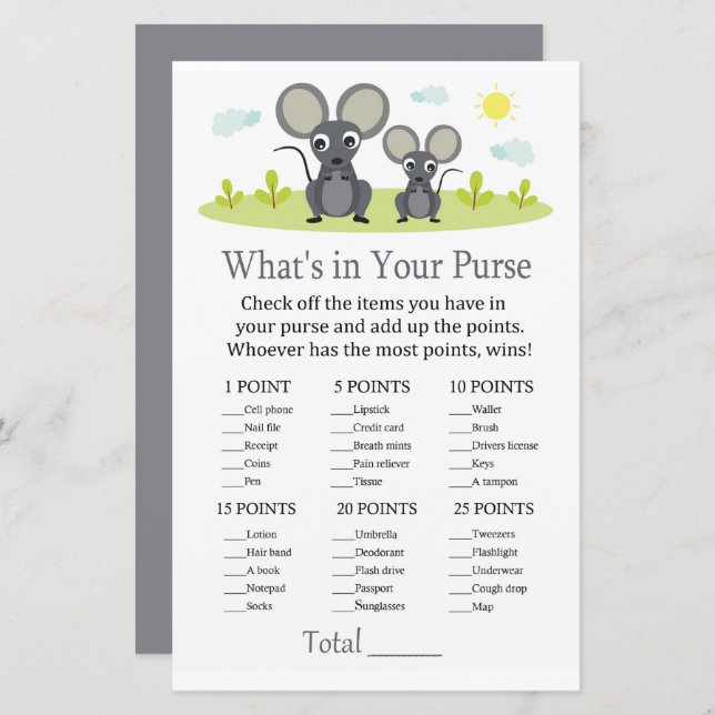 Mouse What's in your purse game baby shower (Front/Back)