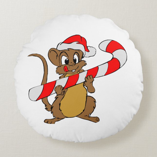 Mouse with a Christmas candy cane Round Cushion (Front)