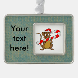 Mouse with a Christmas candy cane Silver Plated Framed Ornament