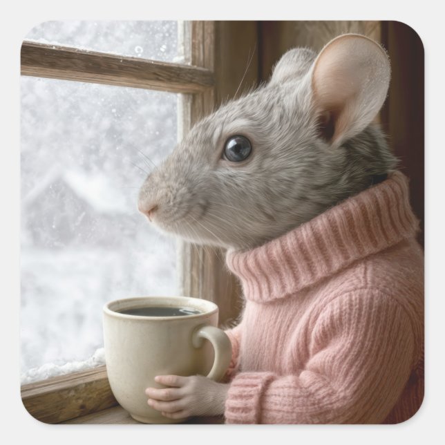 Mouse With a Cup of Coffee Square Sticker (Front)