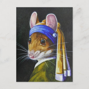 Mouse with a Pearl Earring Parody Watercolor Art Postcard