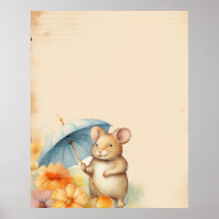 Mouse with blue umbrella orange pink flowers paper