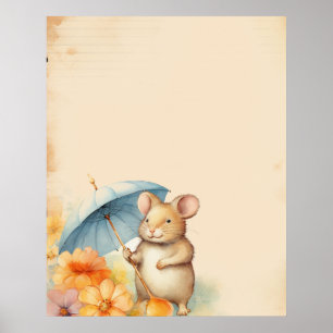 Mouse with blue umbrella orange pink flowers paper poster