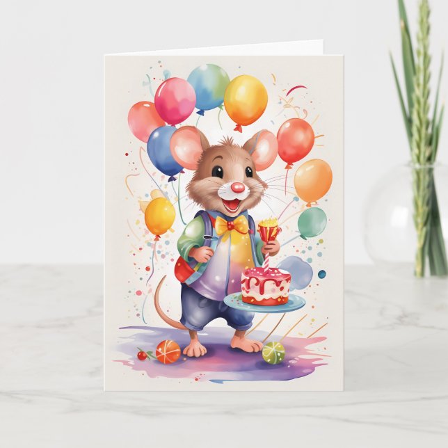 Mouse with cake and balloons card (Front)