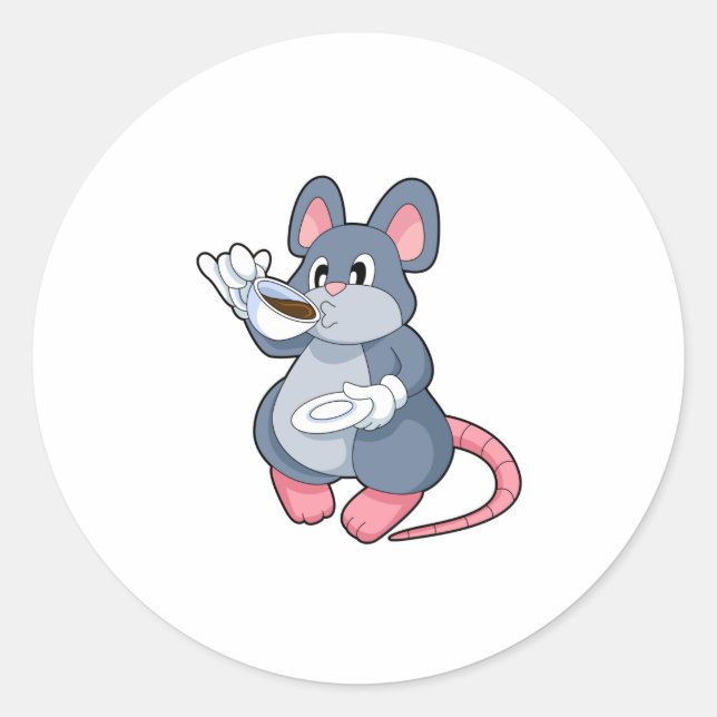 Mouse with Coffee Cup Classic Round Sticker (Front)