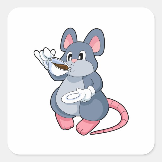 Mouse with Coffee Cup Square Sticker (Front)