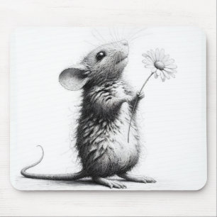 Mouse With Daisy Sketch Mouse Mat