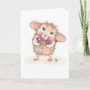 Mouse with Flower Bouquet Happy Birthday Card
