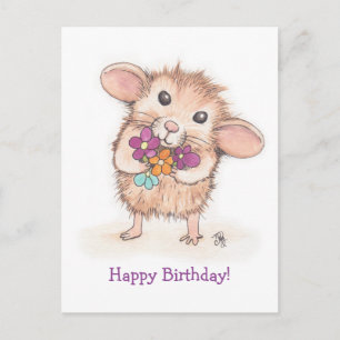 Mouse with Flower Bouquet Happy Birthday Postcard