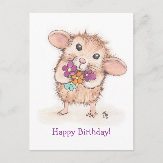 Mouse with Flower Bouquet Happy Birthday Postcard (Front)
