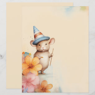 Mouse with hat orange pink flowers old paper blue
