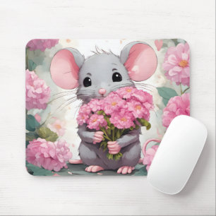 Mouse With Pink Flower Bouquet Mat