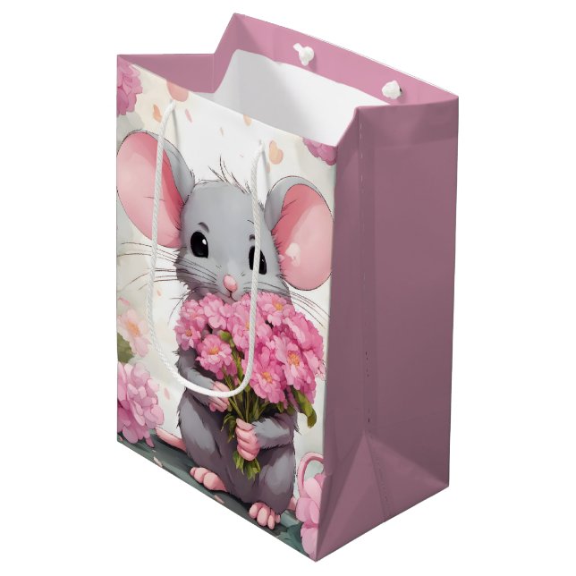 Mouse With Pink Flower Bouquet Medium Gift Bag (Front Angled)