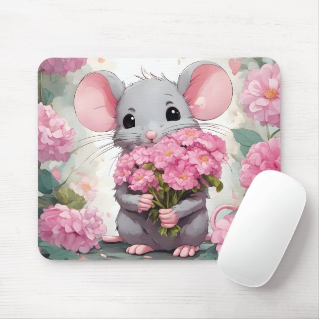 Mouse With Pink Flower Bouquet Mouse Mat (With Mouse)