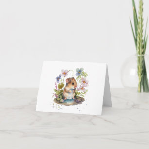 Mouse with Puddle and Flowers BLANK  Card