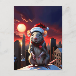 mouse with santa hat high on the roof at evening postcard