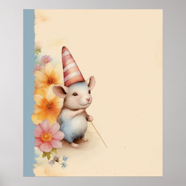 Mouse with striped hat orange pink flowers poster (Front)