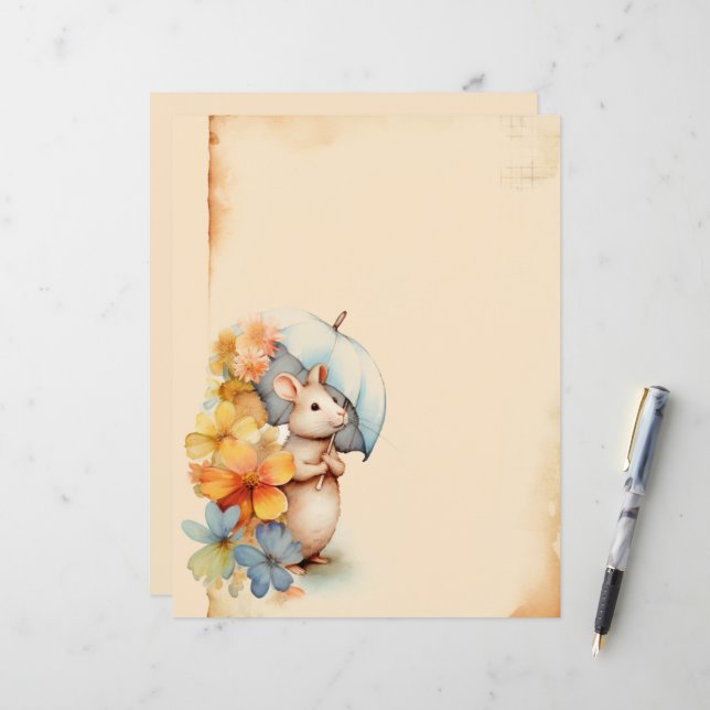 Mouse with umbrella flowers stained paper (Front/Back In Situ)