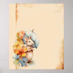 Mouse with umbrella flowers stained paper poster