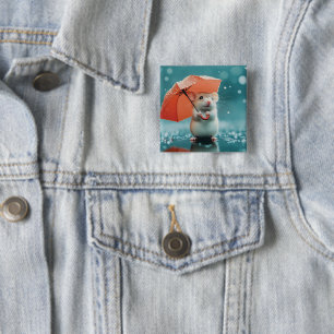 Mouse with Umbrella in Rain: Cute Rainy Day Scene 15 Cm Square Badge