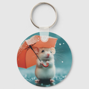 Mouse with Umbrella in Rain: Cute Rainy Day Scene Key Ring