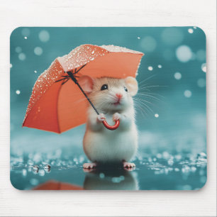Mouse with Umbrella in Rain: Cute Rainy Day Scene Mat