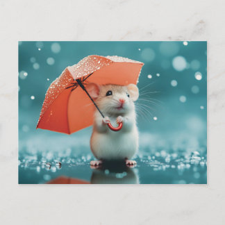 Mouse with Umbrella in Rain: Cute Rainy Day Scene Postcard
