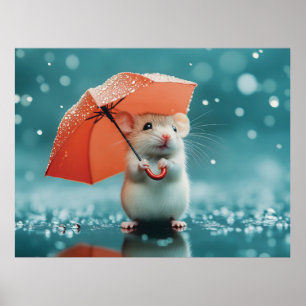 Mouse with Umbrella in Rain: Cute Rainy Day Scene Poster