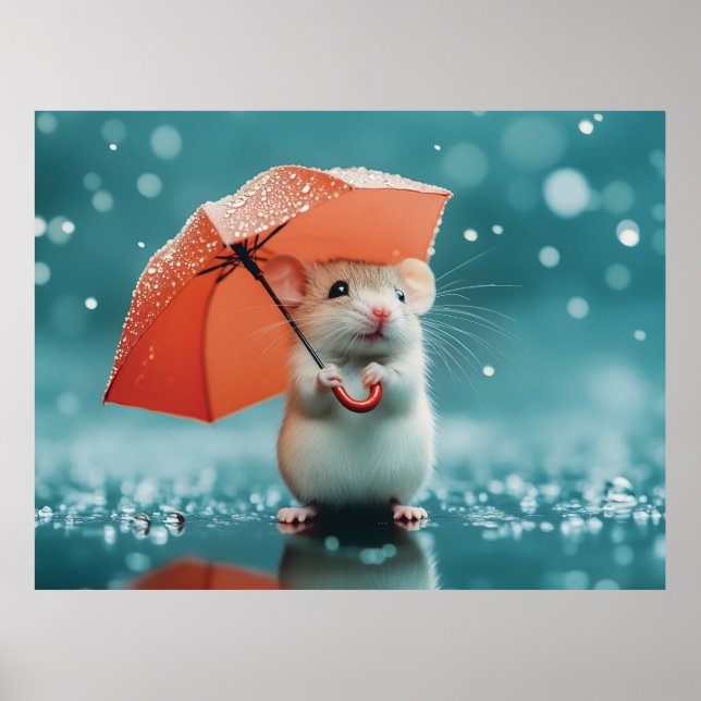 Mouse with Umbrella in Rain: Cute Rainy Day Scene Poster (Front)