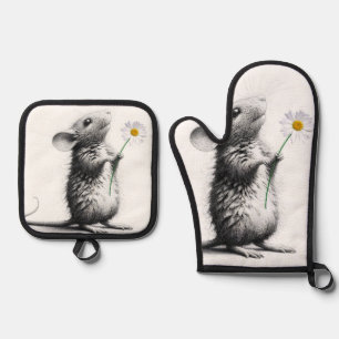 Mouse With White Daisy Oven Mitt & Pot Holder Set
