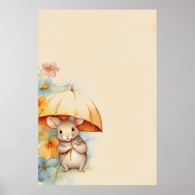 Mouse with yellow umbrella blue orange pink flower poster (Front)