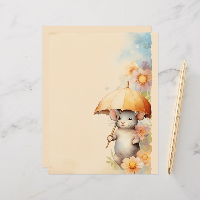 Mouse with yellow umbrella watercolor background (Front/Back In Situ)