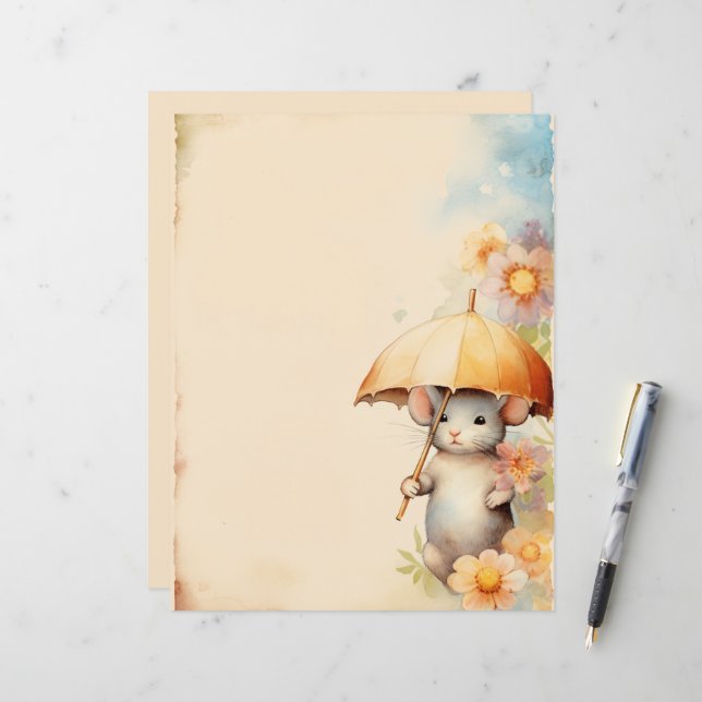 Mouse with yellow umbrella watercolor background (Front/Back In Situ)