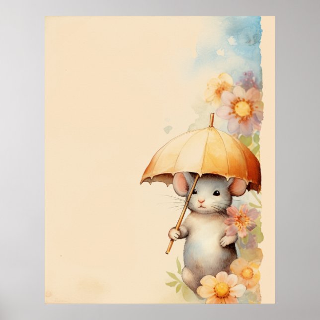 Mouse with yellow umbrella watercolor background poster (Front)