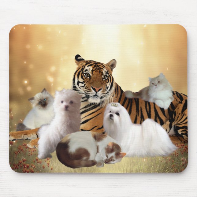 Mousepad Tiger Dogs Cats friends (Front)