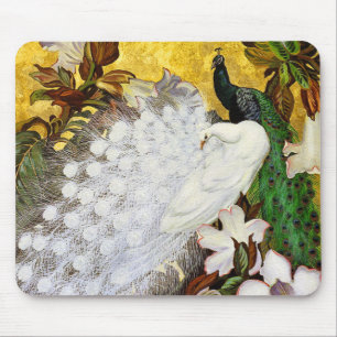 Mousepad: White and Blue Peacocks Mouse Mat