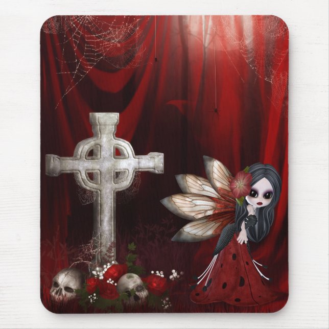 Mousepad with Goth Fairy, Cross, Skulls & Roses (Front)